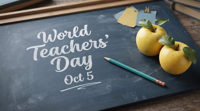 World teachers day chalkboard with apples and pencil