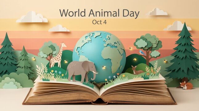 World animal day illustration with open book and globe