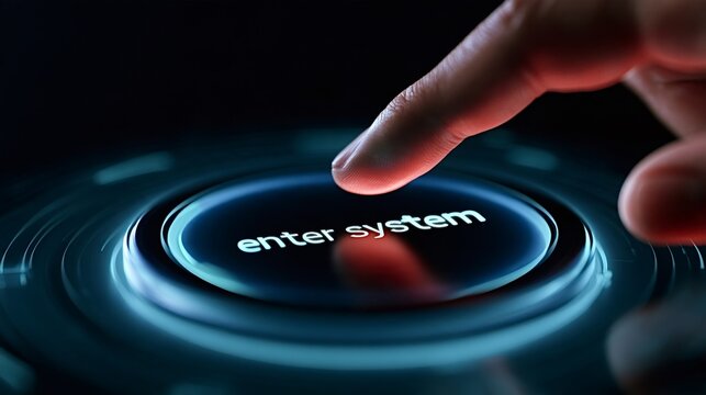 Human finger touching a futuristic glowing button with enter system text, symbolizing access, login, and digital connection within a secure technological environment