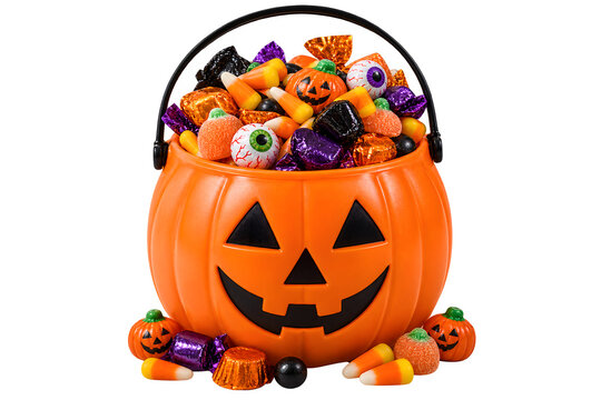 Halloween pumpkin bucket filled with candies and sweets