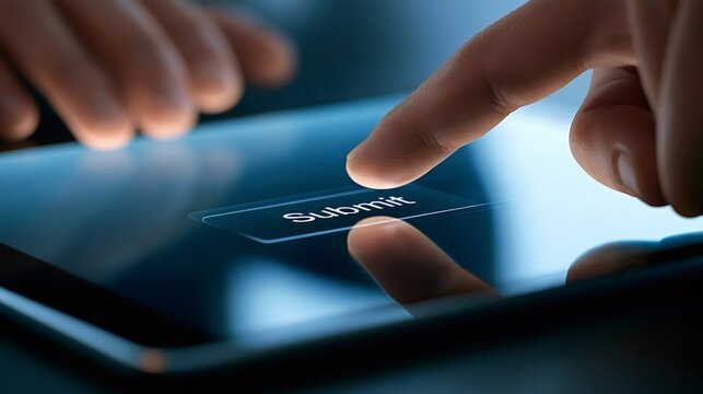 User finger interacting with a glowing submit button on a digital tablet touchscreen, symbolizing online registration, data submission, form completion, and approval in web applications and software