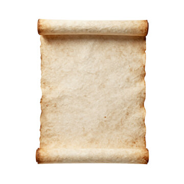 Ancient rolled parchment with burnt edges and textured surface on white background