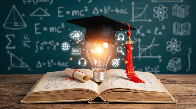 Graduation cap on a glowing light bulb resting on an open book with educational symbols on a chalkboard background