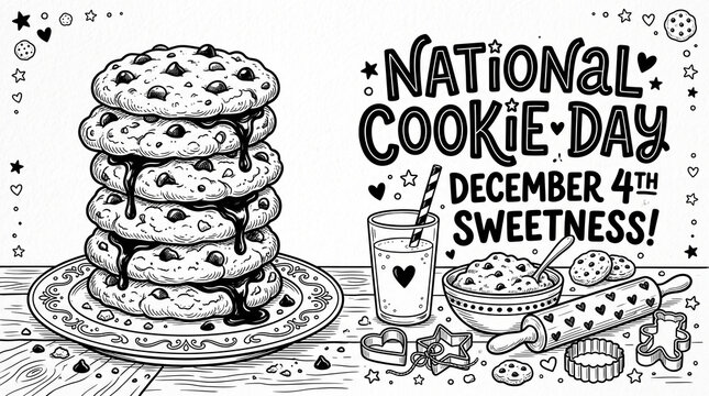 National cookie day illustration with a tall stack of chocolate chip cookies, a glass of milk, and baking tools on a wooden table