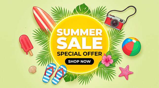 Summer sale banner template with beach elements