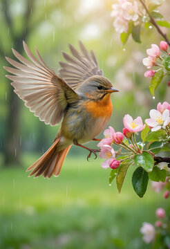 Springtime nature and biodiversity, european robin bird flying near blooming apple tree flowers in a rainy garden with soft sunlight and bokeh background