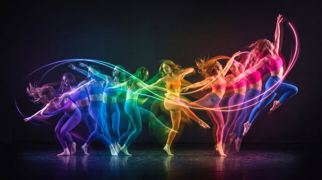 Multiple exposure of a female dancer performing a dynamic movement sequence with colorful light trails against a dark background