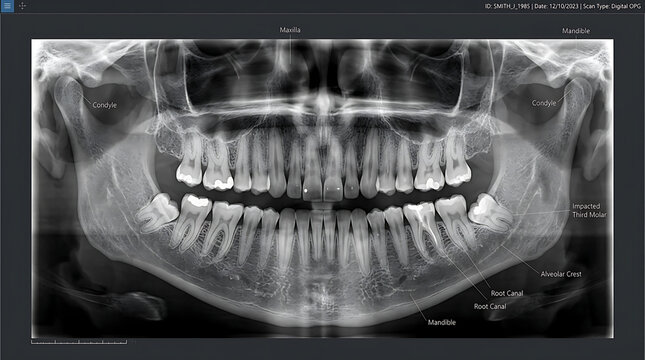 Dental panoramic x-ray displaying full set of human teeth and jawbone structure inside a digital interface.