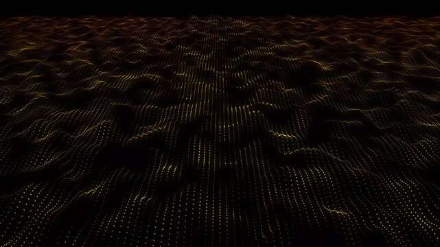 Abstract golden particle wave mesh undulating across a dark background moving grid of glowing gold