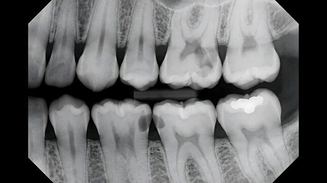 Close-up dental bite-wing x-ray highlighting detailed molar structures and interproximal areas for decay detection.
