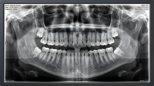 Panoramic dental radiograph showing the complete upper and lower jaw architecture with all permanent teeth clearly visible.