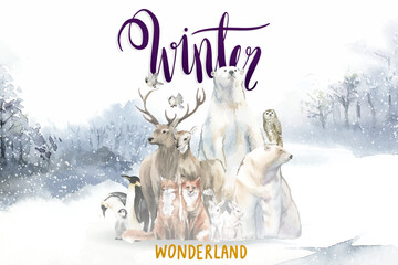 Fototapeta premium Group of wild animals in a winter wonderland painted din watercolor
