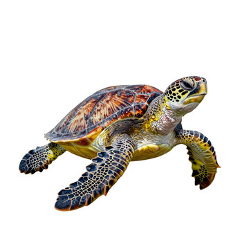 Green sea turtle swims gracefully on a white background