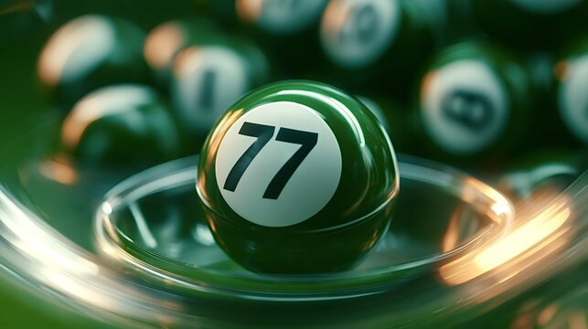 Green lottery ball numbered 77 sits in a drawing machine among blurred balls, close up symbolizing luck, chance, jackpot hopes and anticipation of a winning draw