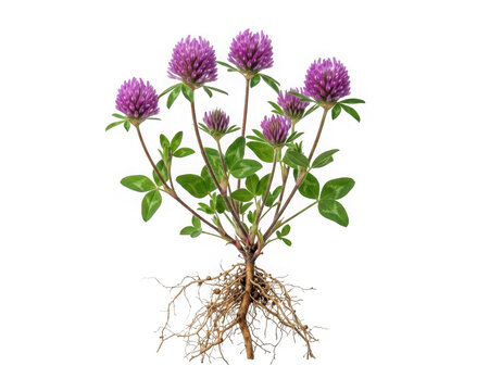 Red clover plant with roots and flowers isolated on transparent background