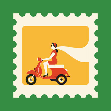 Woman Riding Retro Scooter in Colorful Flat Vector Illustration