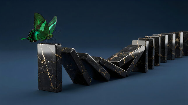 A beautiful green butterfly landing on a falling row of black marble dominoes on a dark blue table