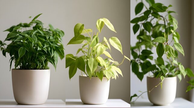 Three potted heartleaf philodendron plants with varying leaf shades displayed on a white surface against a neutral background