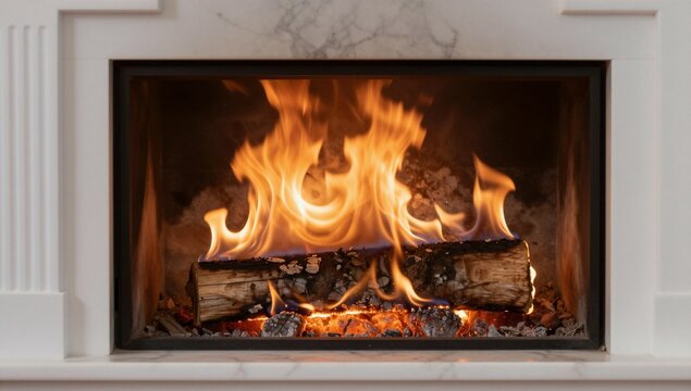 Burning logs in white marble fireplace with vivid orange flames