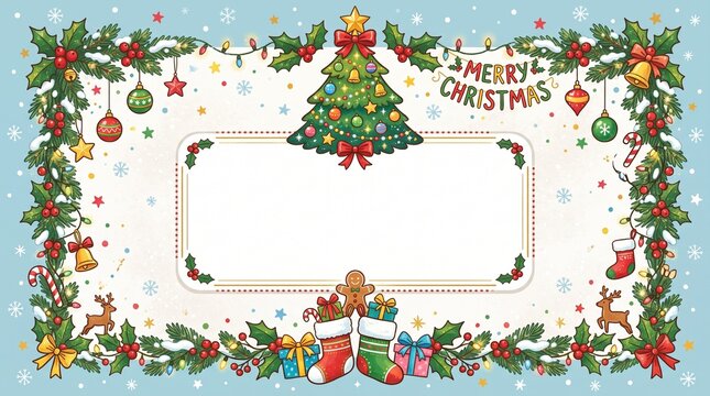 Marco navide&ntilde;o infantil con espacio en blanco para texto, decorado con &aacute;rboles de navidad, estrellas, lazos rojos, calcetines y adornos festivos en estilo doodle vector.