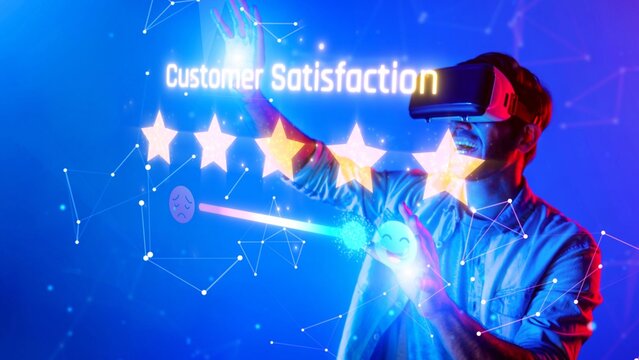 A person engages with a virtual reality experience focused on customer satisfaction, showcasing interactive feedback through star ratings and vibrant graphics. Raster