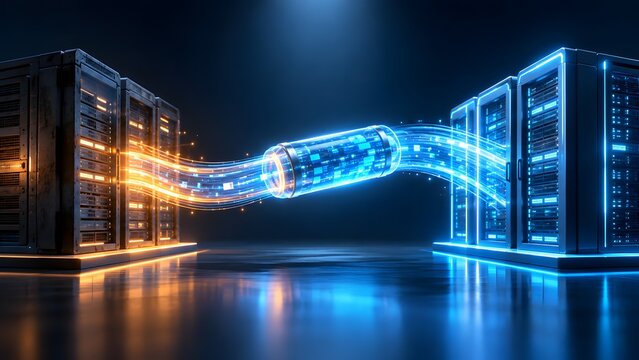 High Speed Digital Data Pipeline Transferring Glowing Information Through Futuristic Server Room