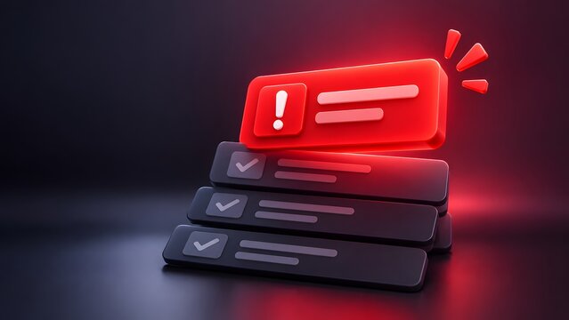 Glowing Red Exclamation Mark Alert Notification Above Stacked Task Checkboxes In Dark Environment