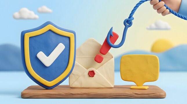 Human hand holds a fishing line that lures an exclamation mark away from a secure email envelope.