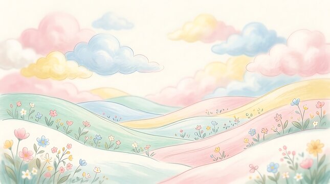 Dreamy Pastel Watercolor Landscape with Colorful Rolling Hills Fluffy Clouds and Spring Wildflowers