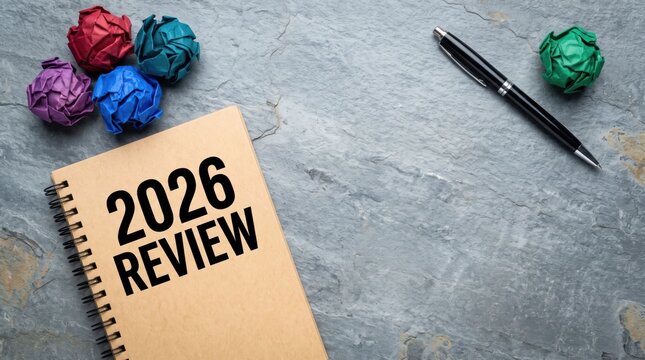 Notebook with 2026 review text and crumpled paper balls