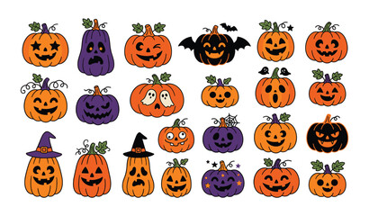 Fototapeta premium Set of cute halloween pumpkin characters with various faces and decorations jack o lantern pumpkin face halloween icon trick or treat halloween