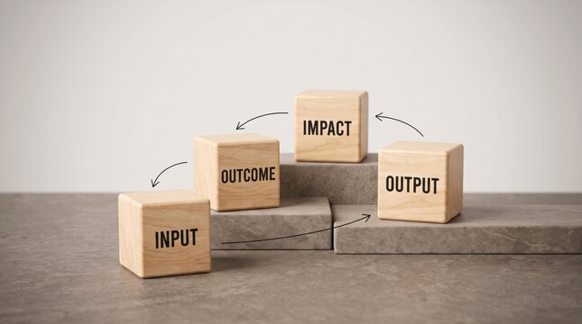 Wooden blocks showing input, outcome, output, and impact concept
