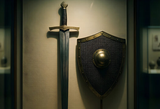 Medieval history and protection concept antique sword and shield display in a museum exhibit for heritage legacy and ancient warfare defense strategy