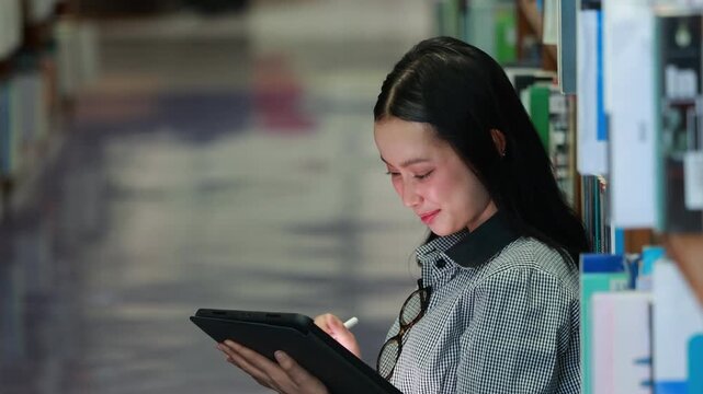 Young Asian woman studies reading book anf Siting on red chair in quiet library. Books line tall shelves behind. she holds book, calm concentration. Ideal for educational or study-themed projects