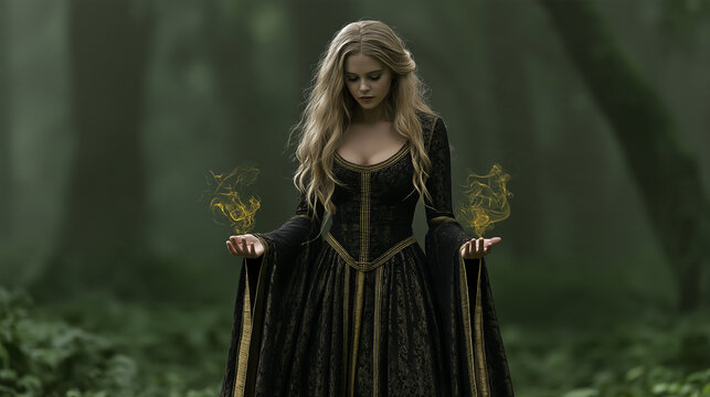Mystical Blonde Sorceress Summoning Golden Magic in an Enchanted Forest