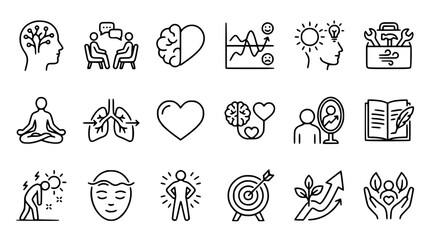 Fototapeta premium Mental Health Psychology and Personal Growth Line Icon Set Featuring Counseling Meditation Self Reflection Stress Relief Lungs and Emotional Balance Symbols