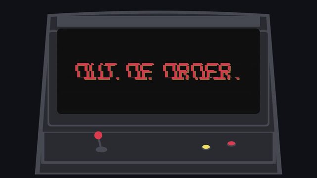 Retro arcade game machine with pixel art &ldquo;OUT OF ORDER&rdquo; message displayed on a vintage screen, featuring a subtle glitch effect and nostalgic gaming aesthetic.