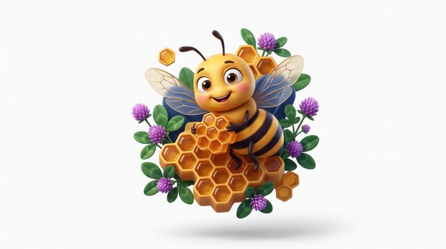 Cute cartoon bee with honeycomb and flowers illustration