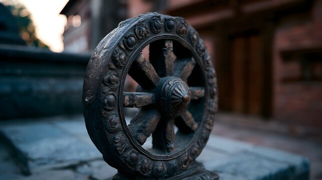 A close up of an intricately carved wooden Dharma wheel  set against a softly blurred traditional architectural background