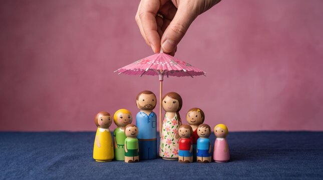 Hand holding umbrella over wooden family dolls