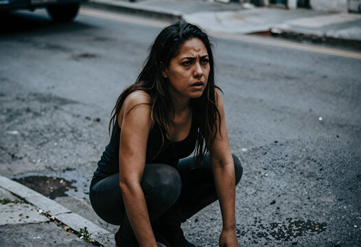 Mental health crisis and social inequality, exhausted woman crouching on urban street feeling despair and emotional trauma in a difficult life situation