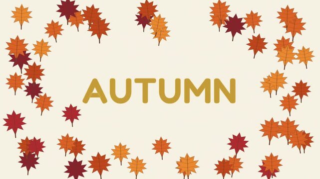 Autumn themed animation featuring large orange and red maple leaves forming a decorative border around the word "AUTUMN" on a clean cream background