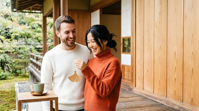Happy multicultural couple smiling on wooden engawa porch of traditional Japanese house