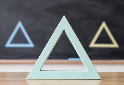 Education and learning concept, wooden triangle shapes on a classroom desk with a chalkboard background for school curriculum and geometry lessons