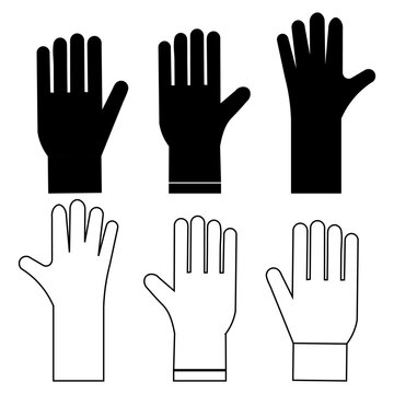Safety gloves tools icon set featuring dual style line art and solid black glyph icons