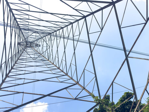 Power Transmission Tower, Angular Perspective, Blue Sky Backdrop