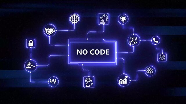 No code software development platform and visual app building graphic loop with icon on&nbsp;interface background.4k video animation