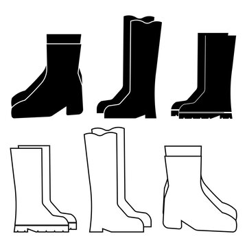 Safety boots tools icon set featuring dual style line art and solid black glyph icons