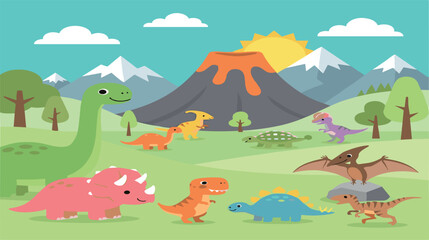 Cute Cartoon Dinosaur Landscape Vector Background with Volcano Mountains and Happy Prehistoric Animals for Nursery Decor Kids Fabric and Birthday Designs © MdFaruk