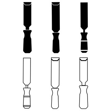 Wood chisel tools icon set featuring dual style line art and solid black glyph icons